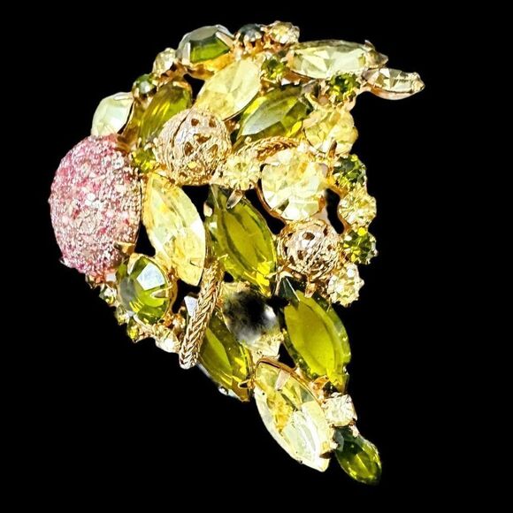 JULIANA DELIZZA & ELSTER D&E Green Cascading Gold Plated Filagree Fruit Salad Rh - Picture 1 of 6